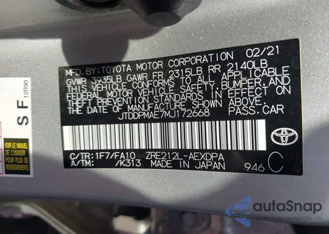 2021 Toyota Corolla L из США, поврежденный, VIN JTDDPMAE7MJ172668